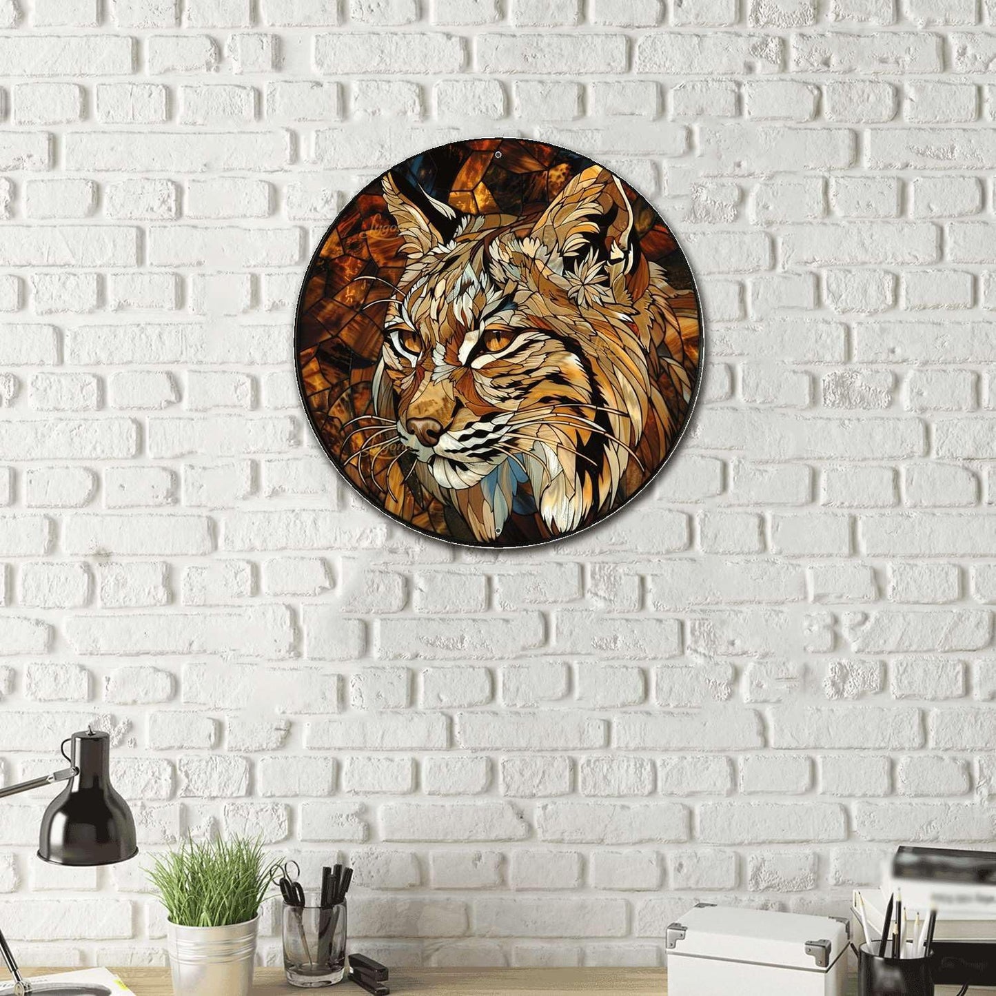 Lygond Aluminum Circular Stained Glass Bobcat Restroom Sign, 88 Inches