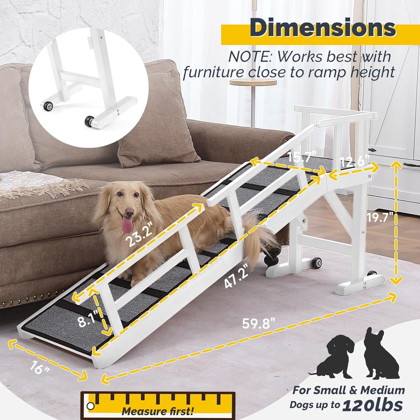 Dog Ramp for Bed or Couch, Wooden Pet Ramp with 20° Gentle Slope, Removable Side Rails, Non-Slip Surface, Top Platform & Wheels, Safe Bed Ramp for Small, Medium & Senior Dogs, 60" Long, White