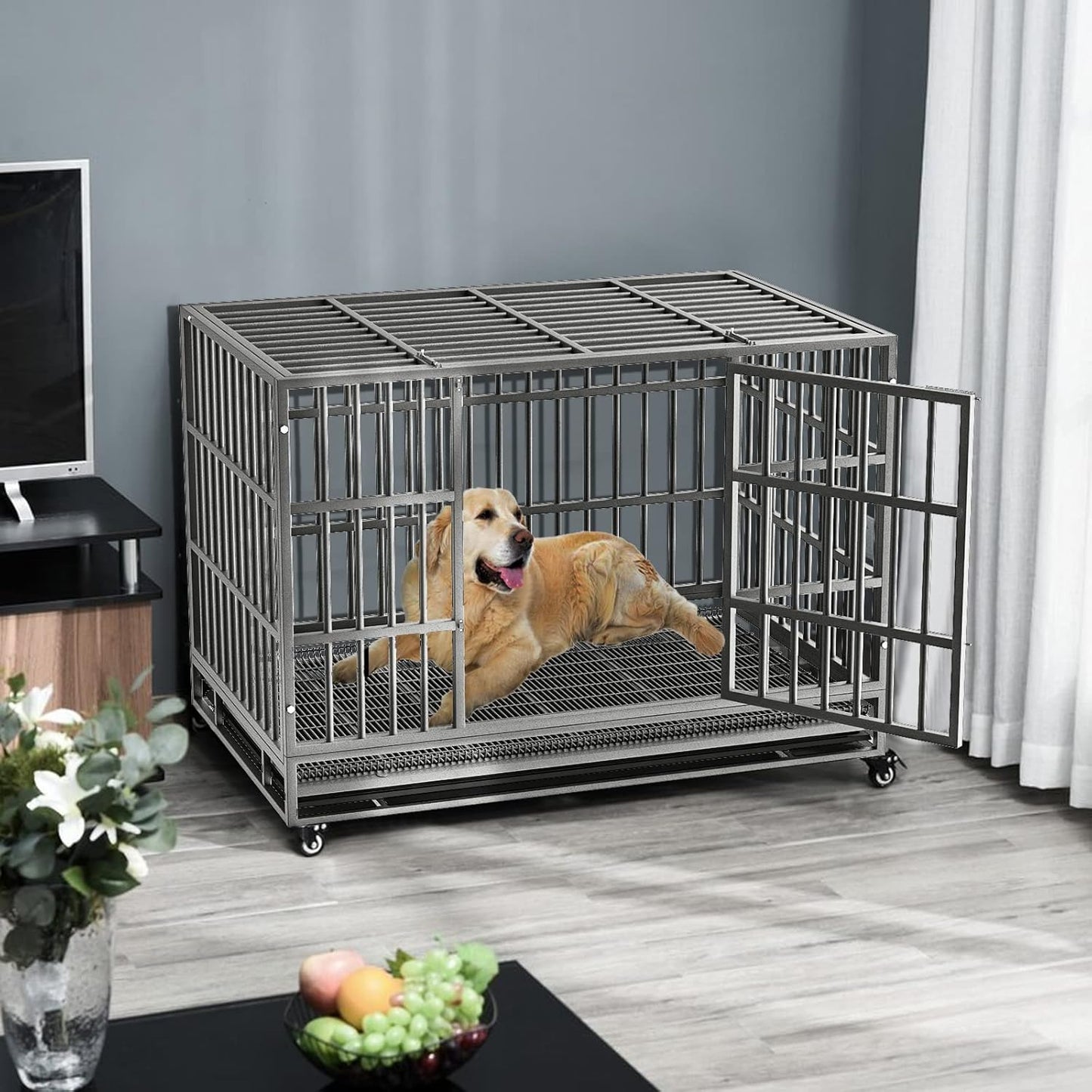 LEMBERI 48/38 inch Heavy Duty Indestructible Dog Crate, Escape Proof Dog Cage Kennel with Lockable Wheels,High Anxiety Double Door Dog Crate,Extra Large Crate Indoor for Large Dog with Removable Tray