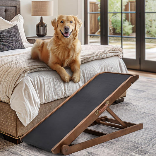 Dog Ramp, Adjustable Height Wooden Folding Pet Ramp for Bed, Couch,SUV-High Traction, Portable Paw Ramps for Small & Large Old Dogs & Cats - Furniture Quality