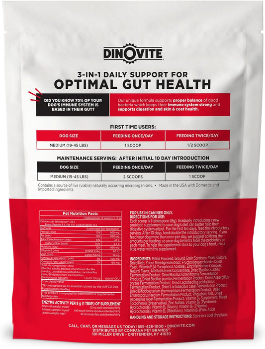 Dinovite 3 in 1 Probiotic for Medium Dogs, Skin & Coat, Digestive Health & Joint Relief, Dog Food Toppers, Immune Support, Allergy Relief & Itch Relief Skin Care, 30 Servings (18-45lb)