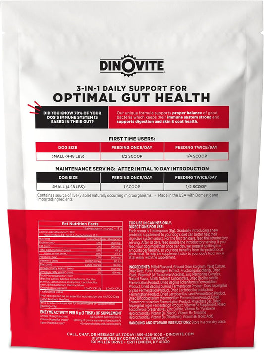 Dinovite 3 in 1 Probiotic for Small Dogs, Skin & Coat, Digestive Health & Joint Relief, Dog Food Toppers, Immune Support, Allergy Relief & Itch Relief Skin Care, 30 Servings (1-18lb)