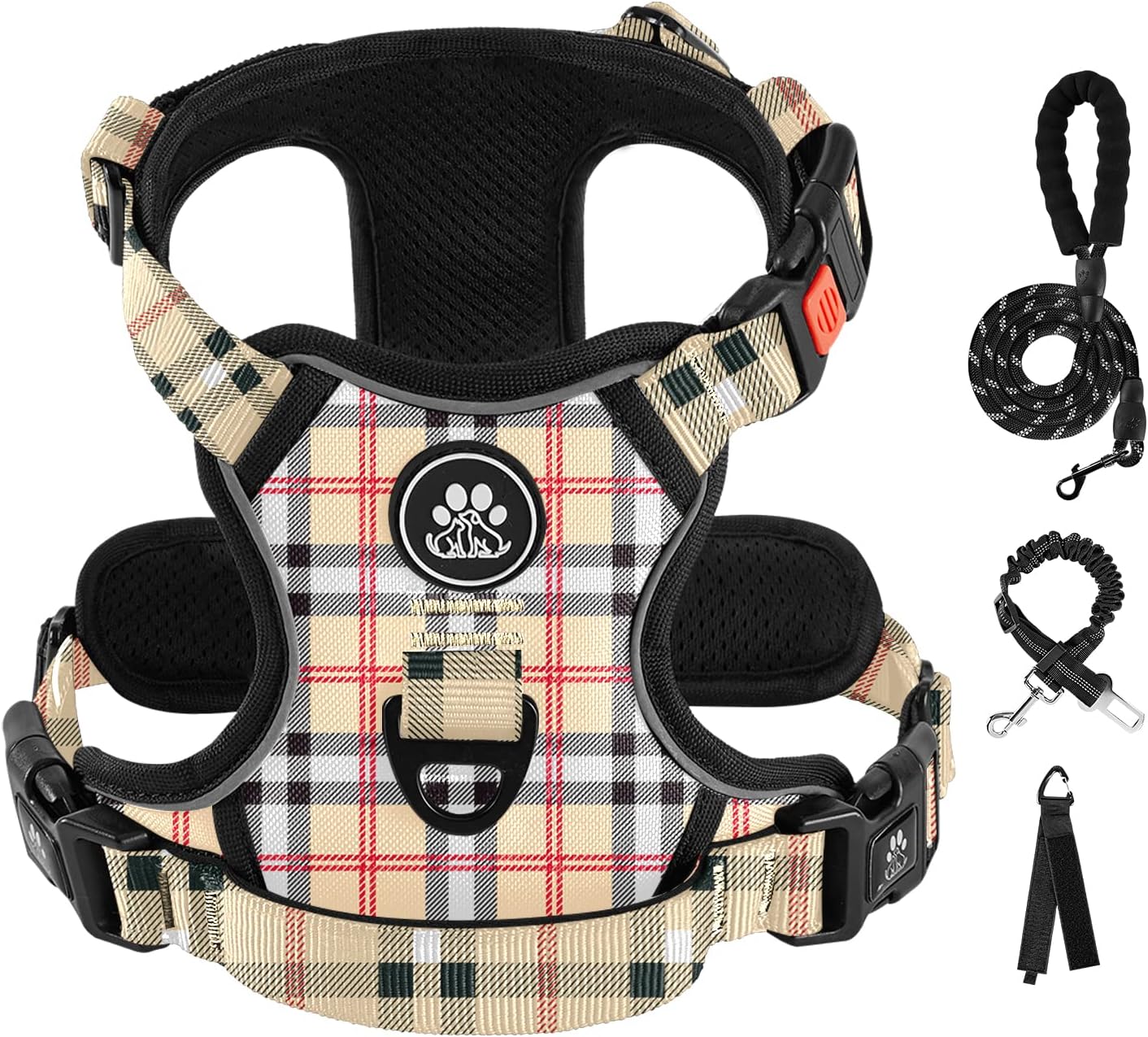IVY&LANE No Pull Dog Harness with Leash Set, Reflective No Choke Pet Vest,Adjustable Oxford Dog Vest Harness with Easy Control Handle for Medium Lagre Dogs (Checkered Beige,M)