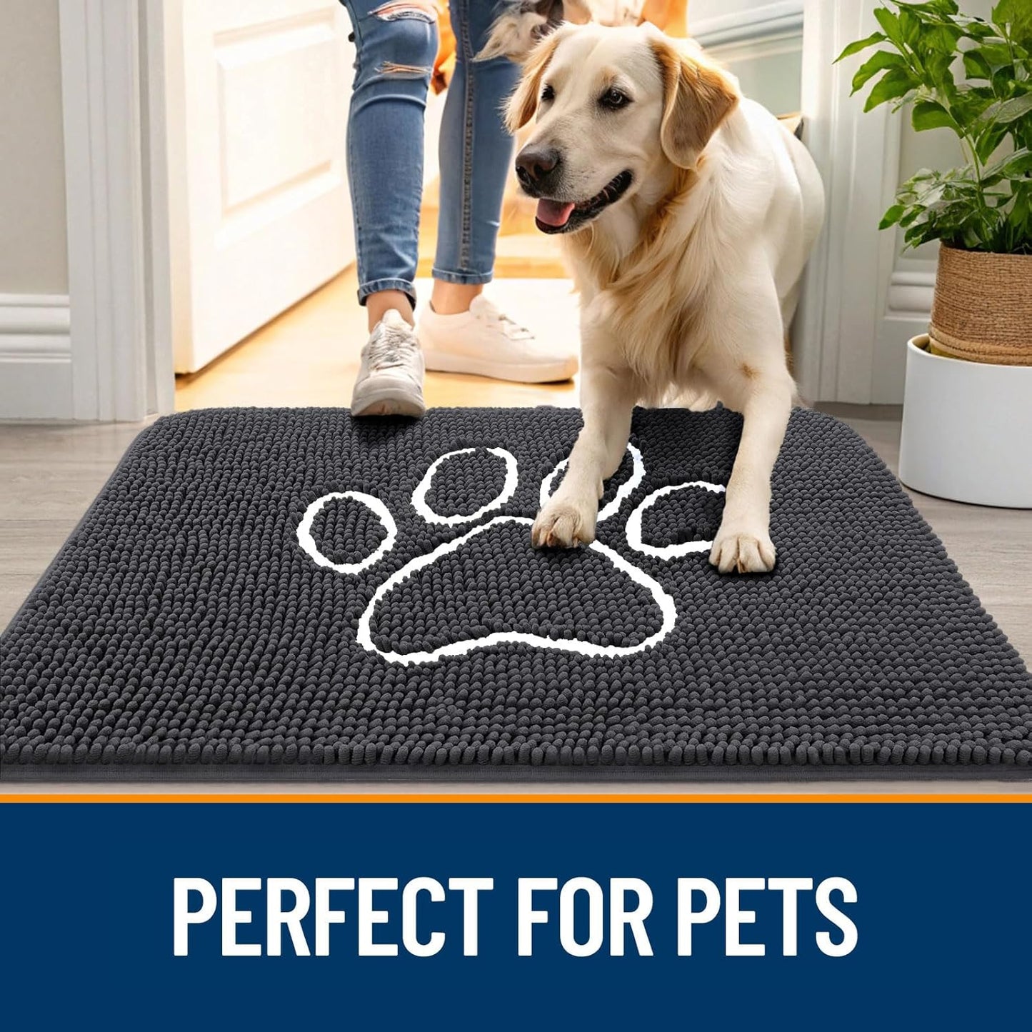 OLANLY Door Mat for Muddy Dog Paws 59x24, Ultra Absorbent Chenille Mud Doormat with Paw Print Design, Non-Slip Washable Doormat for Indoor Entryway, Quick-Dry Pet Bed Mats for Dirty Dogs, Dark Grey