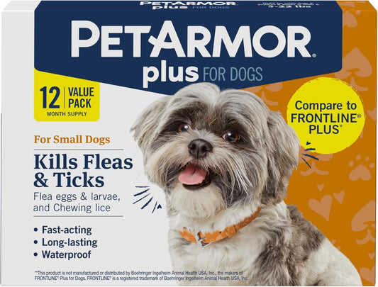 PetArmor Plus Flea and Tick Prevention for Dogs, Small Dog Flea and Tick Treatment, 12 Doses, Waterproof Topical, Fast Acting (5-22 lbs)