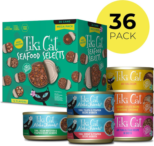Tiki Cat Seafood Selects, Ultimate Variety Pack, 36 High Protein Servings with Real Flaked Fish, Wet Cat Food Mega Pack, 2.8 and 3 oz. Cans (Pack of 36)