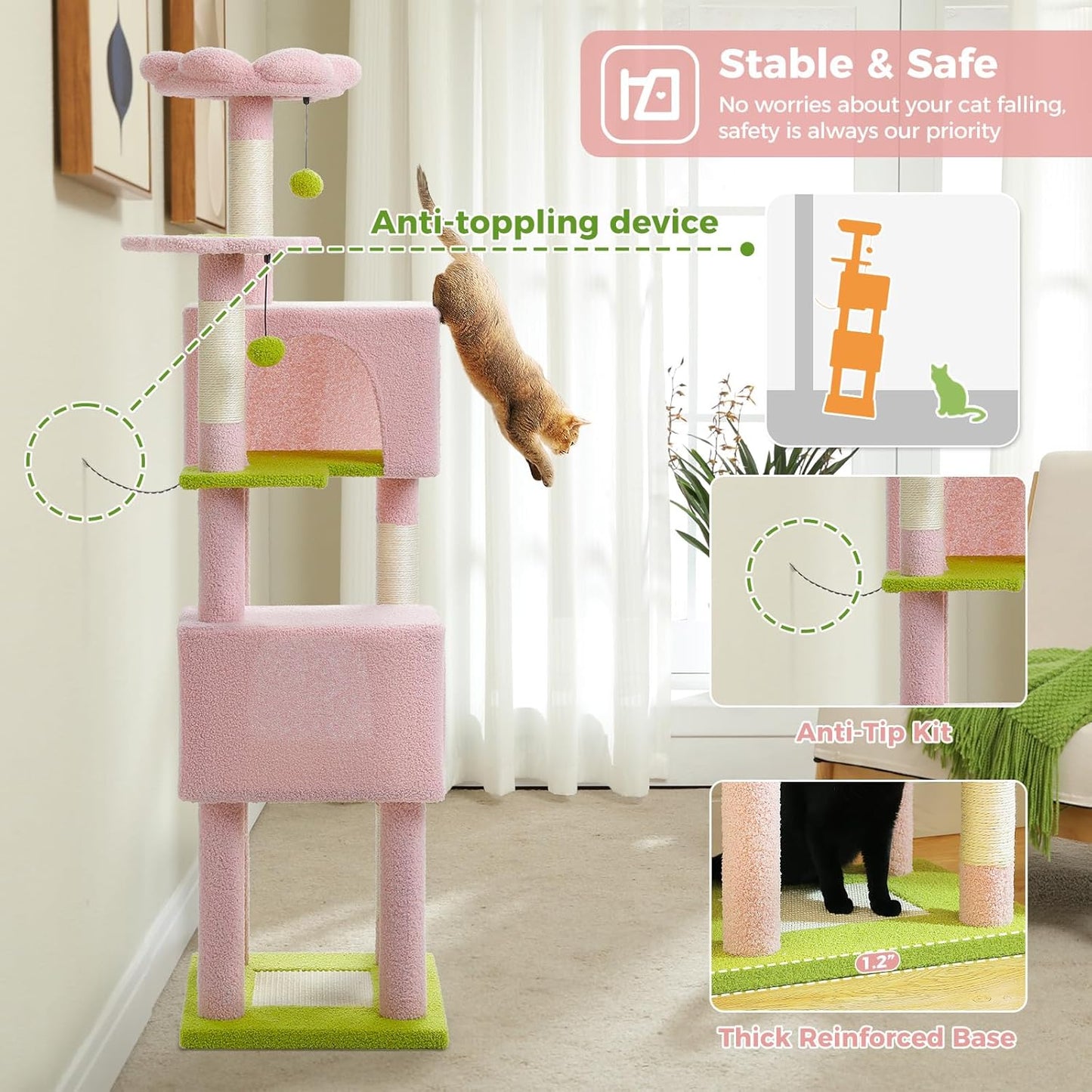 Flower Cat Tree, 62-Inch Tall Multi-Level Cat Tower with Scratching Posts for Large Indoor Cats, Plush Bed w/Padded Perches, Scratching Pad & 2 Green Pompoms, Pink
