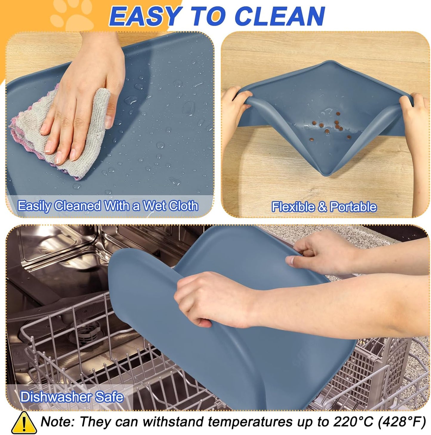 Silicone Pet Feeding Mat with Raised Edge for Food and Water, Dog Bowl Mats, Cat Bowls Placemat with High Lip for Floor Waterproof, Rubber Tray for Cats and Dogs 22 x 14 x0.8 Slate Blue