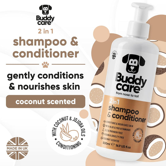 2in1 Dog Shampoo and Conditioner (16.90oz) | Coconut Scented Dog Shampoo Sensitive Skin | Hypoallergenic Itch Relief for Smelly Dogs | Essential Dog Grooming Supplies