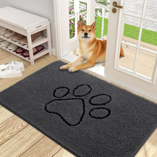 OLANLY Door Mat for Muddy Dog Paws 48x30, Absorbent Chenille Doormat with Paw Print Design, Non-Slip Washable Doormat for Indoor Entryway, Quick-Dry Pet Bed Mats for Dirty Dogs, Dark Grey and Black