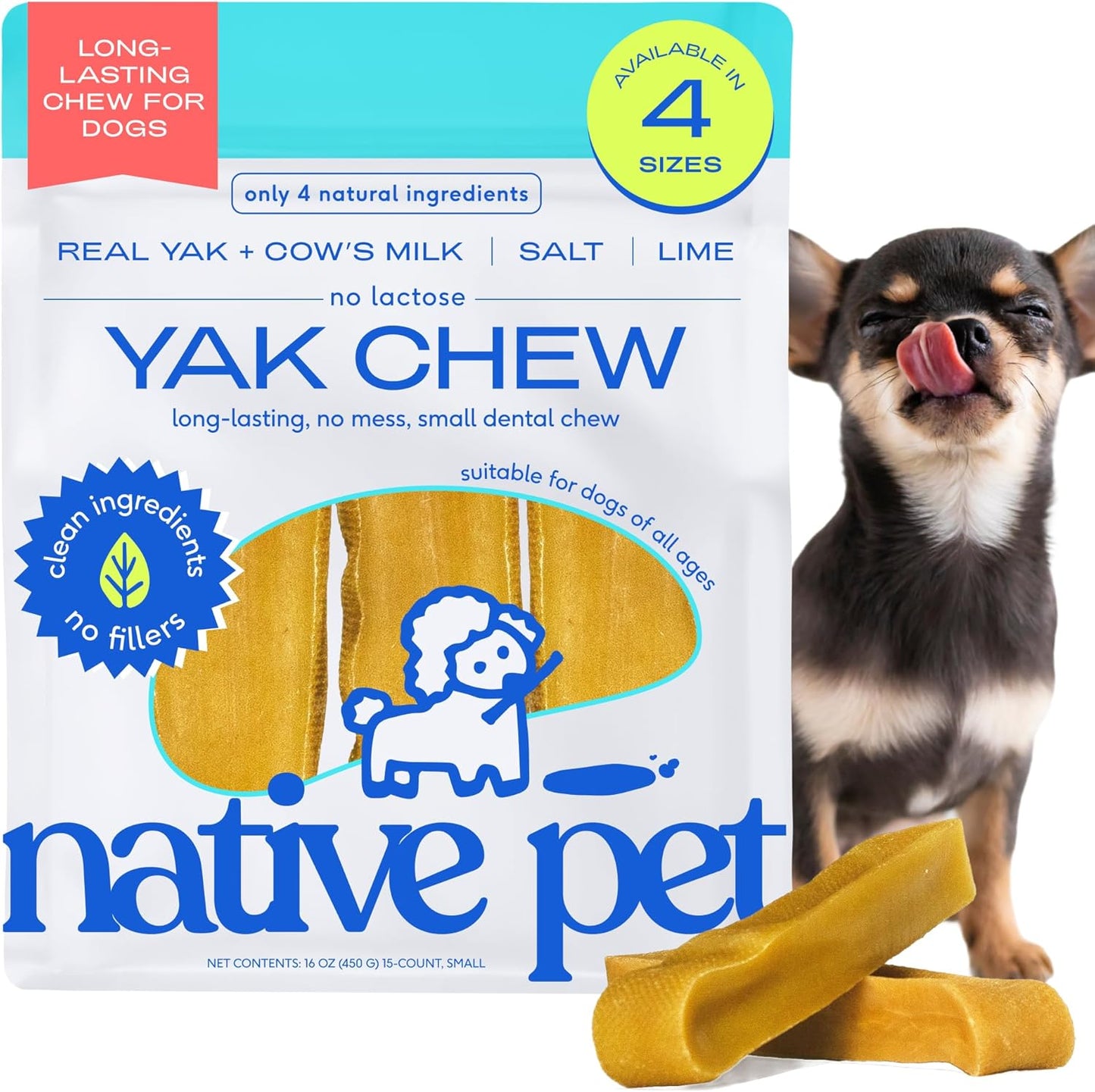 Native Pet Yak Cheese Himalayan Dog Chews - Long Lasting Dental Sticks for Small Breeds– 100% All Natural Himalayan Yak Chews for Small Dogs – Cheese Bone for Aggressive Chewers - 15 Per Pack
