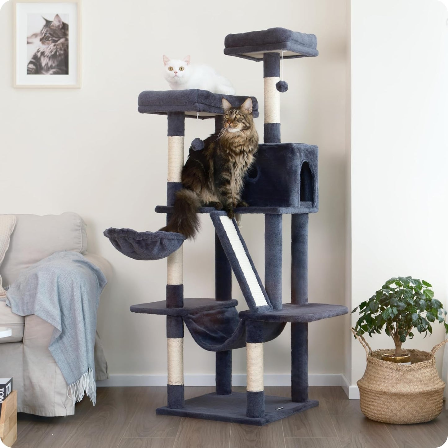 Ouritsu Cat Tree, 61 inch Tall Cat Tower for Large Cat Indoor, Enlarged Condo, 2 Padded Perches with 1 Widened, Large Hammock, Scratching Post and ramp, Fluffy Basket, Dark Gray, LF002DG