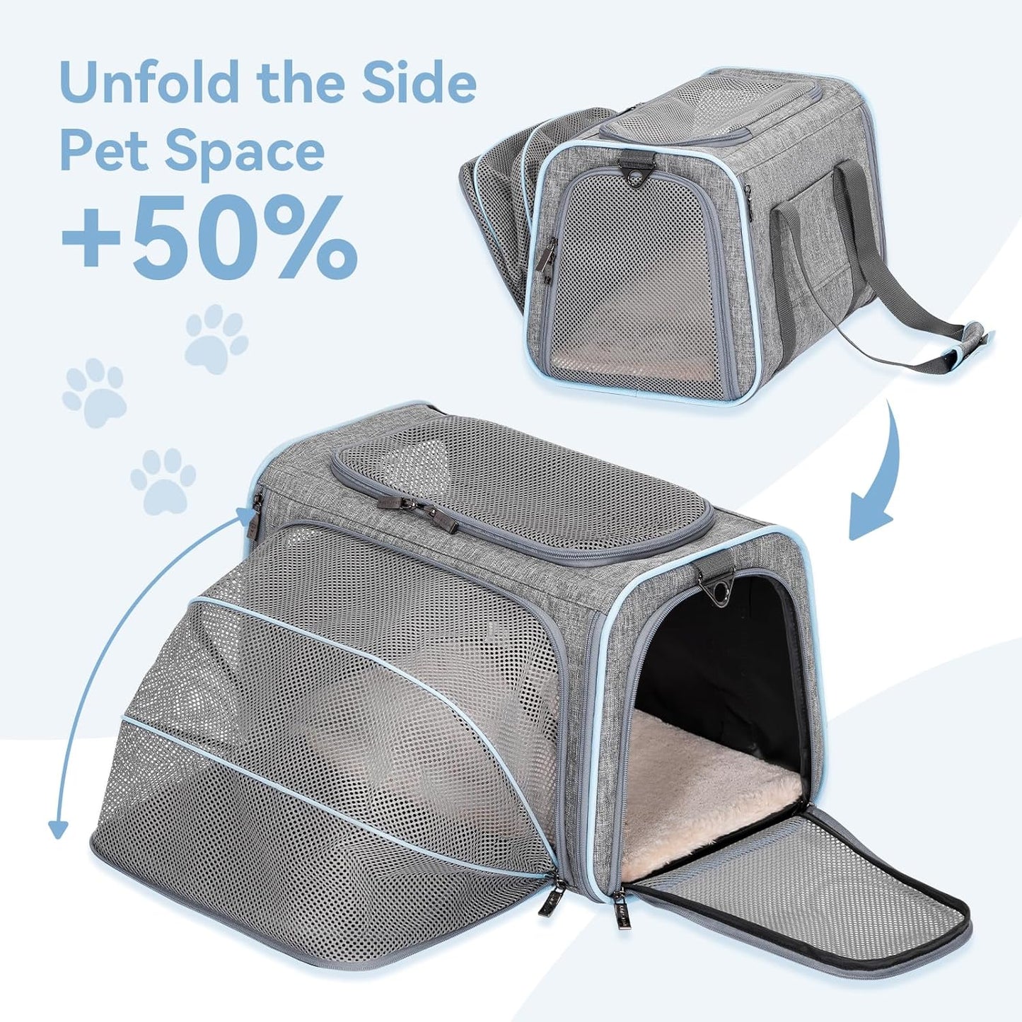 Petsfit Expandable Pet Carrier, 19x12x12 inches Soft-Sided Portable Cat Carrier Dog Carrier, with Removable Plush Mat, Locking Safety Zippers and Pockets