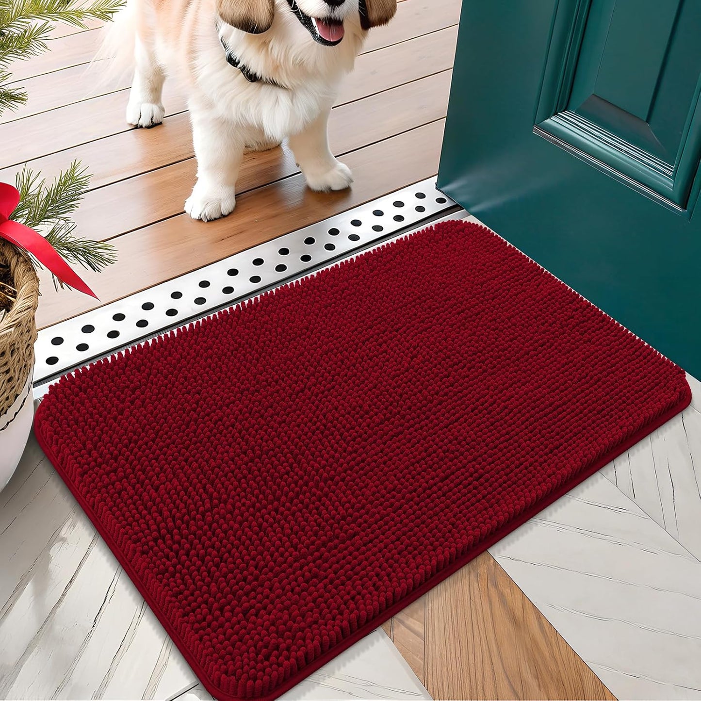 OLANLY Dog Door Mat for Muddy Paws 30x17, Absorbs Moisture and Dirt, Absorbent Non-Slip Washable Doormat, Quick Dry Chenille Mud Mat for Dogs, Entry Indoor Entryway Carpet for Inside Floor, Red