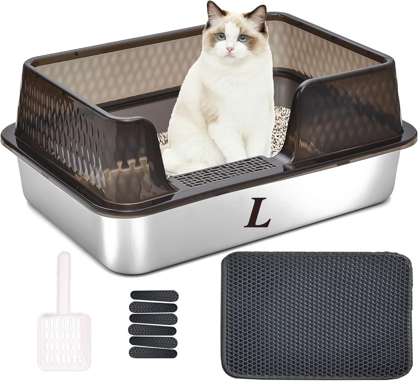 Suhaco Stainless Steel Litter Box Side Entry, Kitty Black Litter Mat and White Scoop Included Covered Metal High Sided Large Cat Litter Box with Lid Removable Enclosure for Medium Cats (Black)