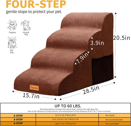 Topmart High Density Foam Dog Steps 4 Tiers,Extra Wide Deep Pet Steps,Non-Slip Dog Stairs Ramp for Bed,Soft Foam Cat Ladder,Best for Older Injured,Older Pets,Cats with Joint Pain