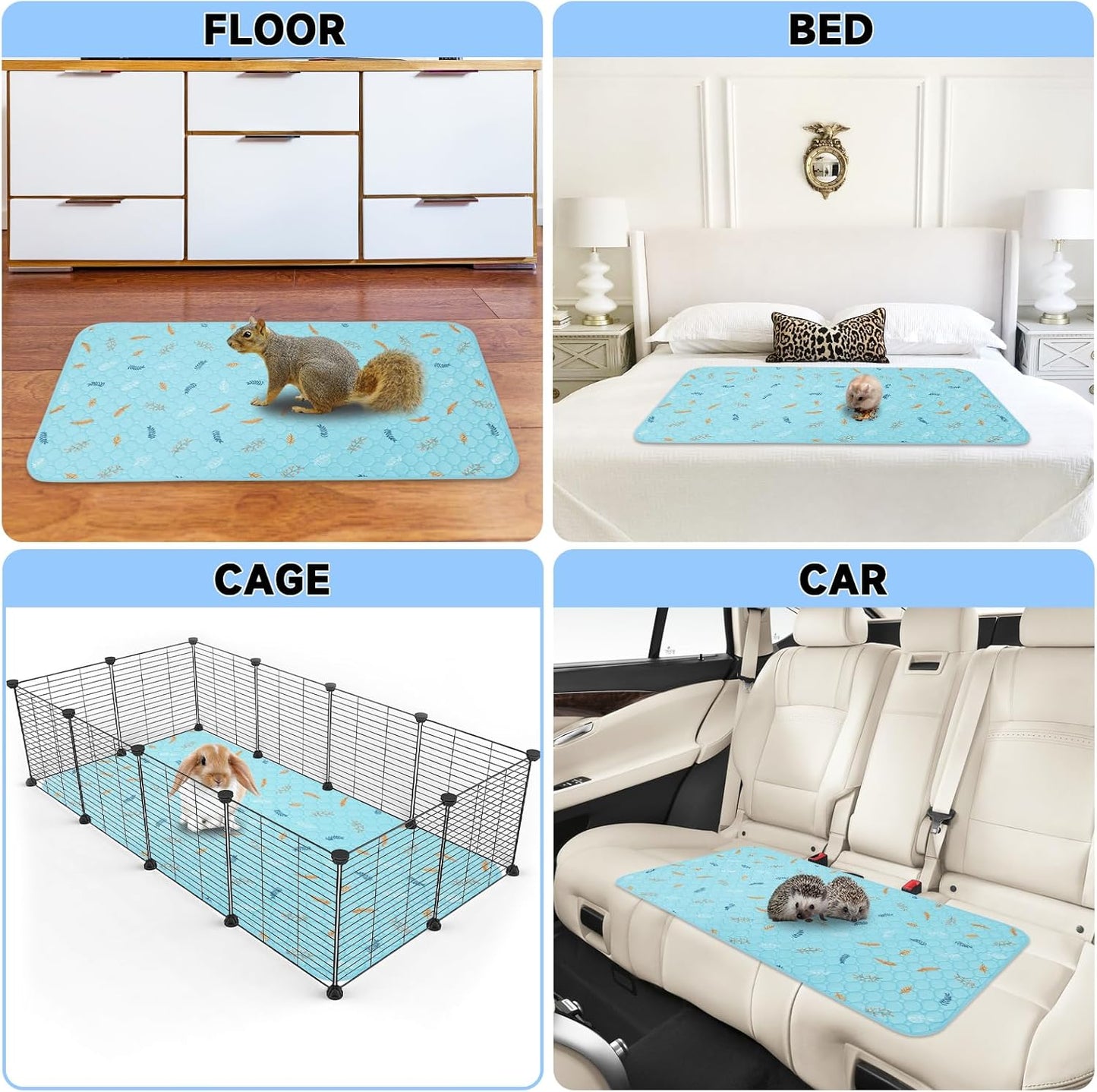 Sunheir 2 Pack Washable Guinea Pig Pee Pads, 24" x 48" Waterproof Reusable Guinea Pig Cage Liners, Absorbent Bedding Training Mat for Small Animal Guinea Pigs Rabbit Bunny Hamster - Sky Blue