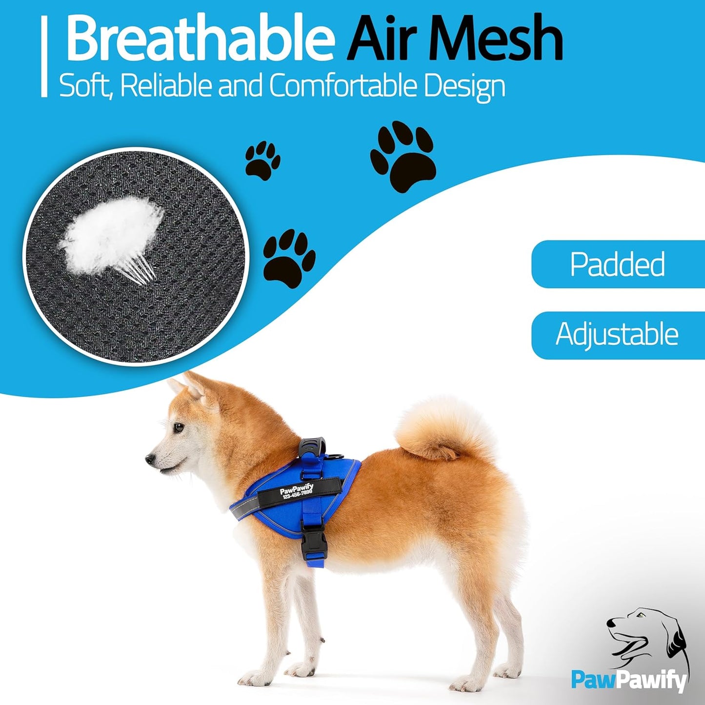 PawPawify Custom No Pull Dog Harness with Name and Phone Number, Heavy Duty Personalized Pet Vest to Prevent Tugging, Pulling, or Choking, Training and Walking (New Blue, XS (5-9LBS))
