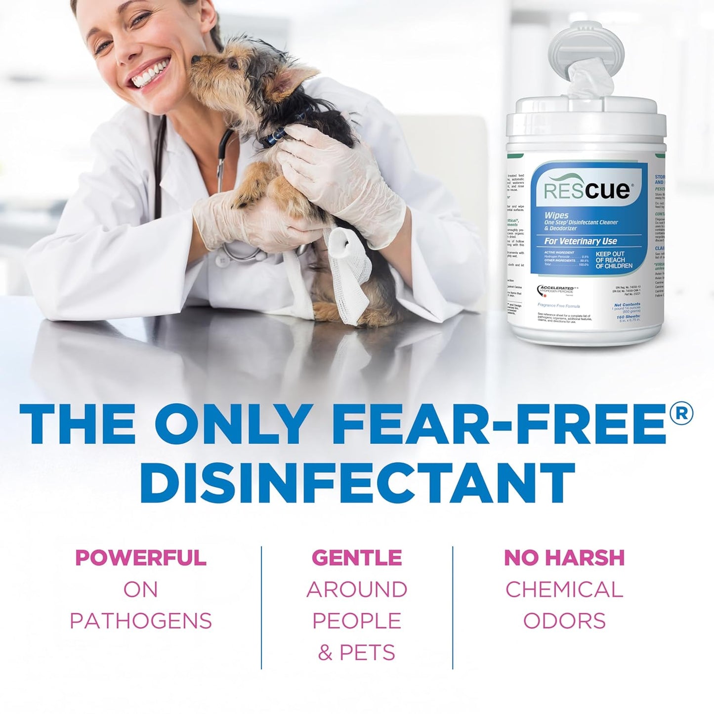 REScue One-Step Disinfectant Cleaner & Deodorizer Wipes for Vet Use – Cleaner for Kennels, Litter Boxes, Vet Offices, Pet Grooming Surfaces – Wipes Canister, 160-Count (Pack of 12)