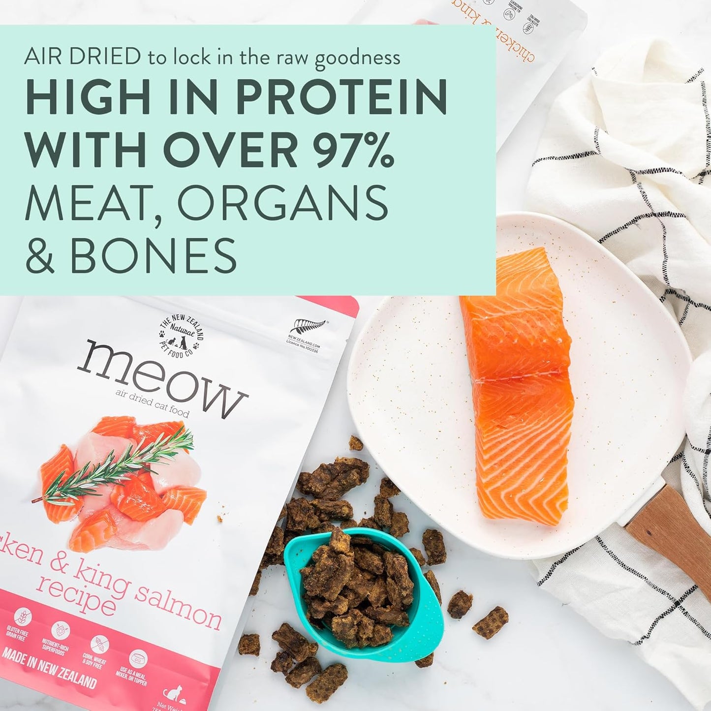 Meow Air Dried Cat Food - Chicken & King Salmon Recipe, Dry Cat Food, High Protein Meals, Treats & Toppers,26.5 oz