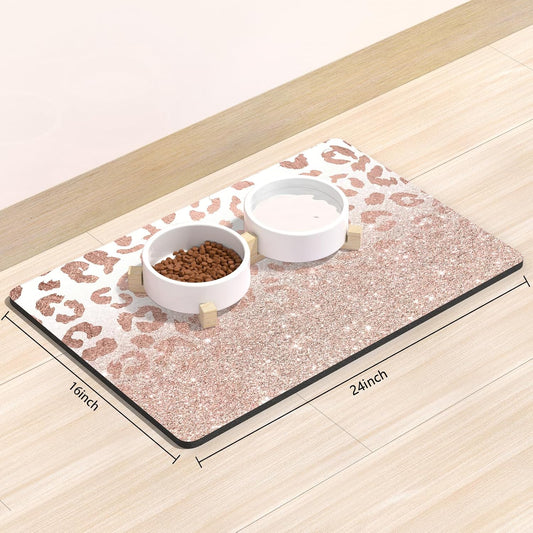 Rnivvi Dog Food Mat, 16" x 24" Leopard Absorbent Dog Cat Bowl Mat for Food and Water, Cute Anti-Slip Rubber Pet Feeding Rug Protect Floors, Puppy Placemat for Feeding & Watering Supplies, Rose
