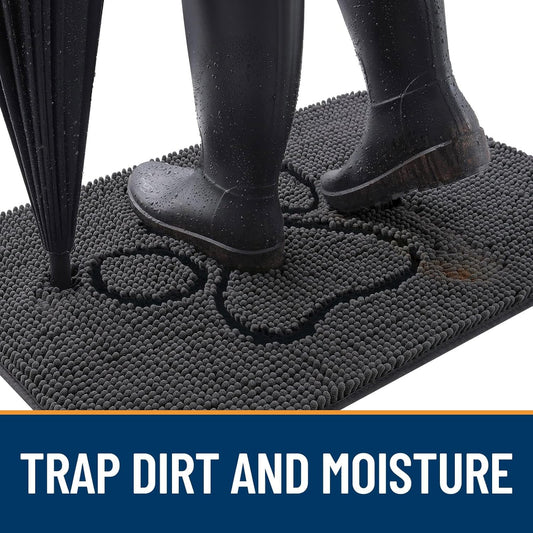 OLANLY Door Mat for Muddy Dog Paws 48x30, Absorbent Chenille Doormat with Paw Print Design, Non-Slip Washable Doormat for Indoor Entryway, Quick-Dry Pet Bed Mats for Dirty Dogs, Dark Grey and Black