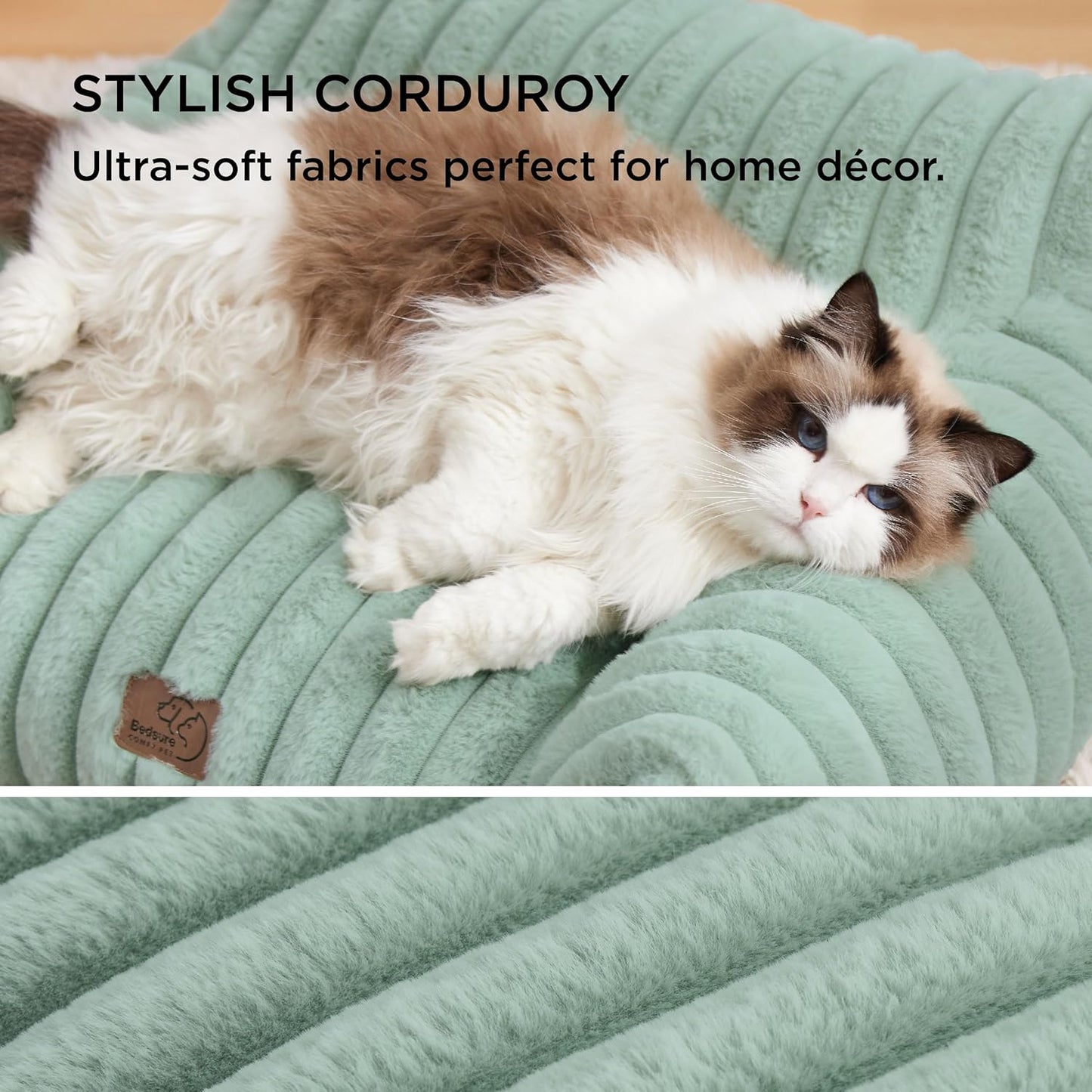 Bedsure Cute Cat Couch for Pets - Fluffy Cat Sofa with Premium Soft Corduroy Fleece, Fuzzy Pet Couch Bed with Removable Washable Cover, Supportive Pet Chair for Indoor Cats, 24inch, Garden Green