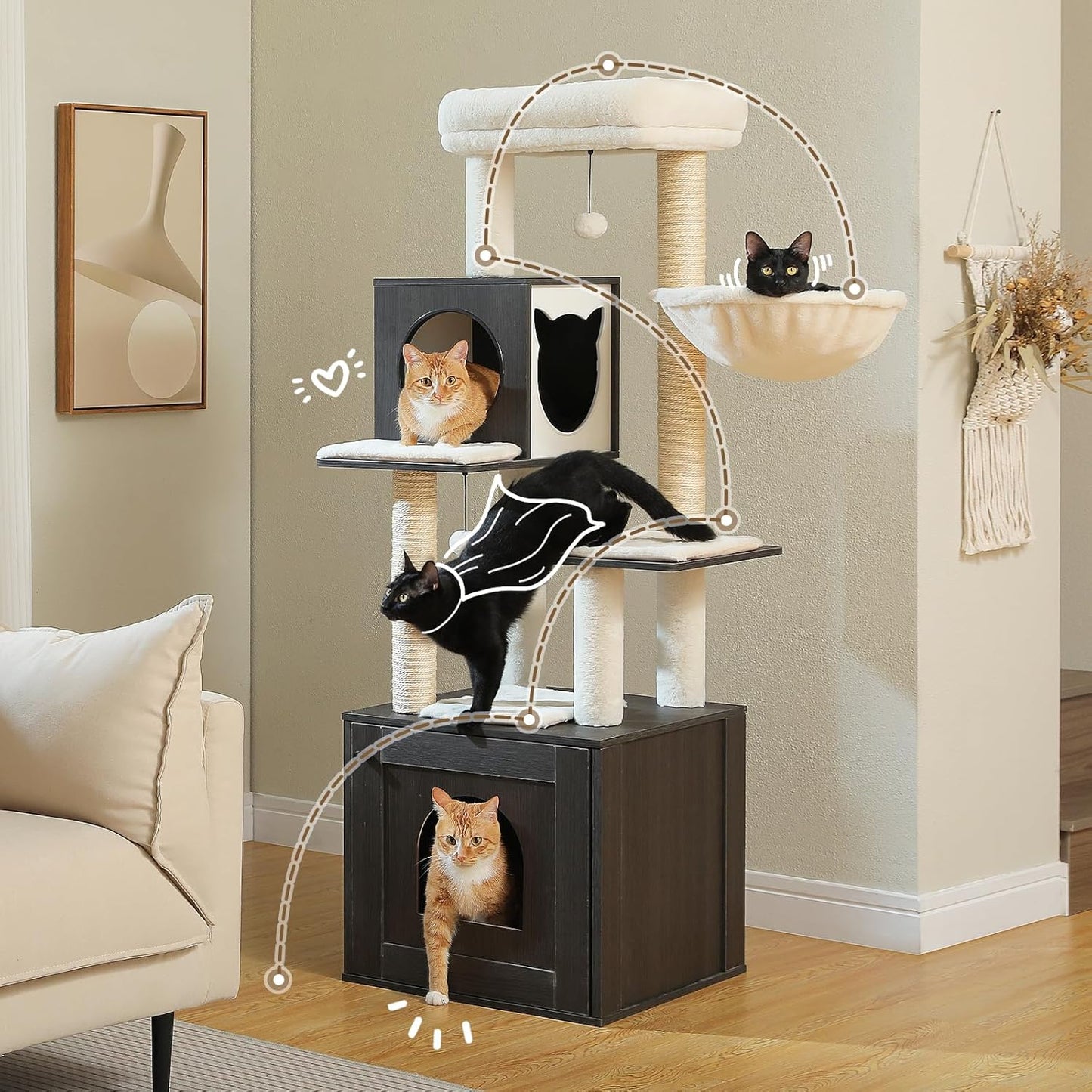 PEQULTI 57.5" Cat Tree with Litter Box Enclosure Large, Wood Cat Tower for Indoor Cats with Storage Cabinet and Cozy Cat Condo, Sisal Covered Scratching Post and Repalcable Dangling Balls, Black
