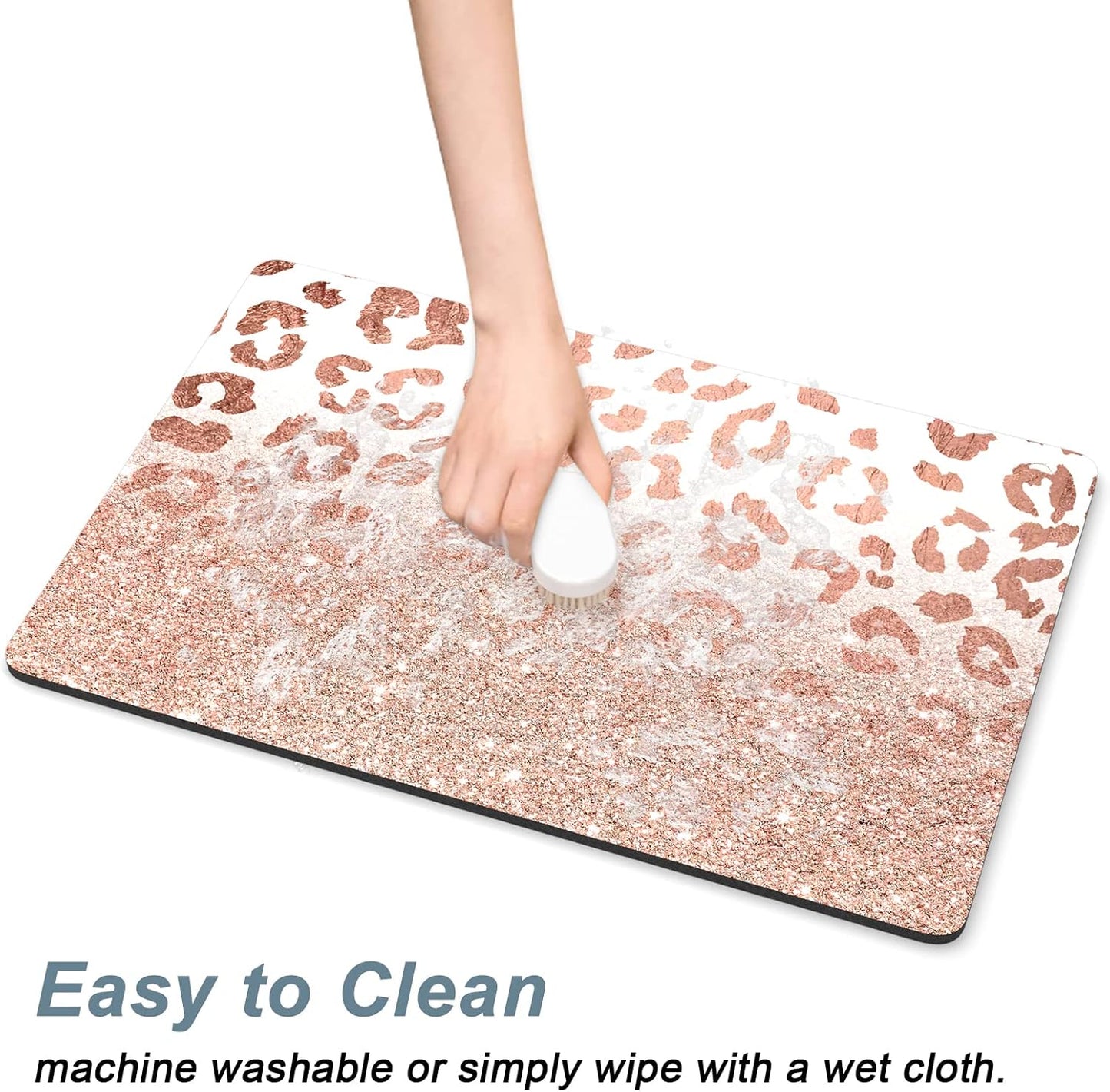 Rnivvi Dog Food Mat, 16" x 24" Leopard Absorbent Dog Cat Bowl Mat for Food and Water, Cute Anti-Slip Rubber Pet Feeding Rug Protect Floors, Puppy Placemat for Feeding & Watering Supplies, Rose