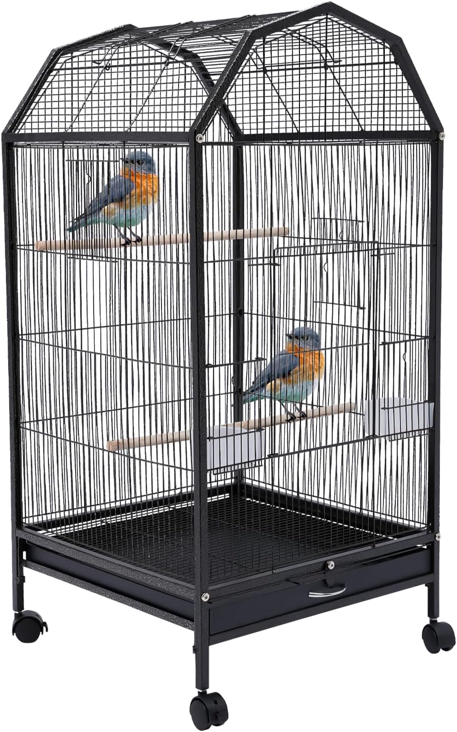 40-Inch Wrought Iron Bird Cage with Open-Top and Rolling Stand, Movable Parrot Cage Pet Bird Flight Cage, 360 Degree View Spacious Interactive Roof Pet Bird House for Medium&Small Birds