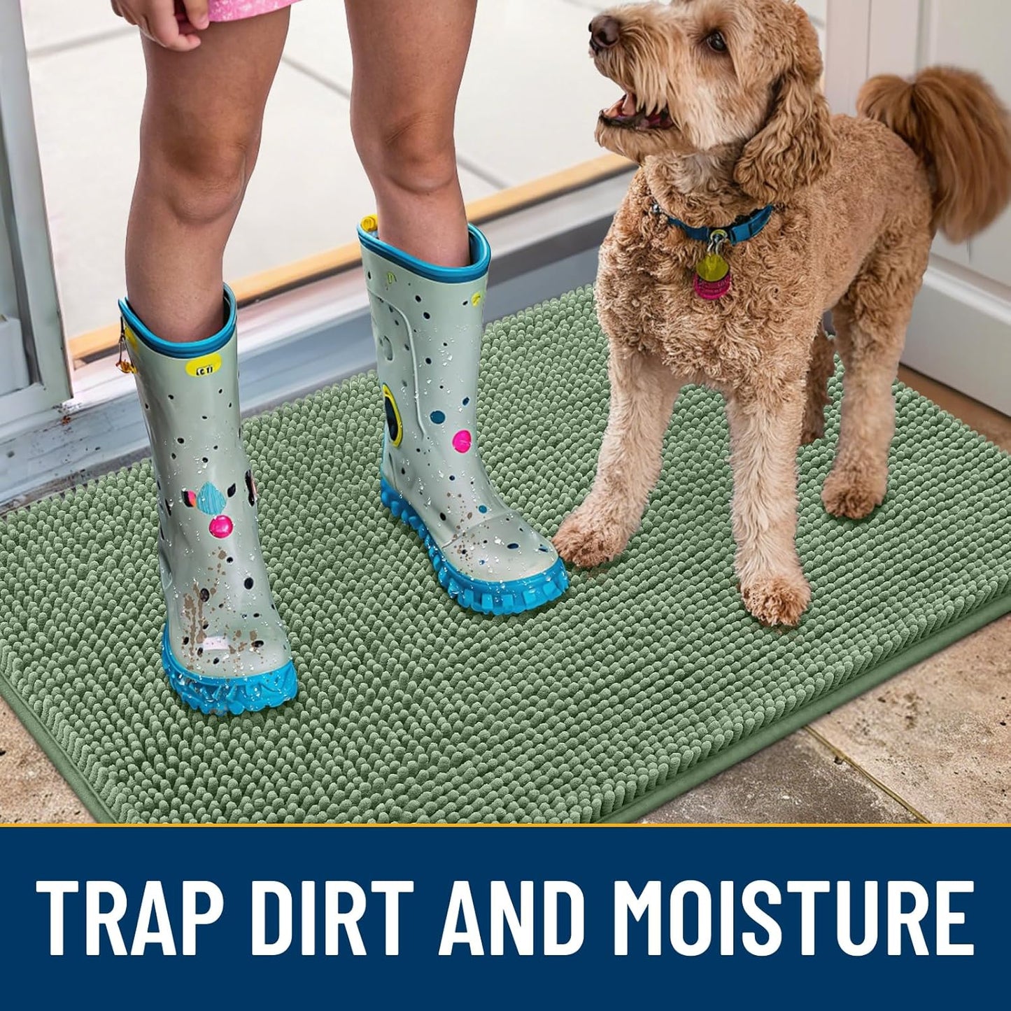 Smiry Dog Door Mat for Muddy Paws 48x30, Absorbs Moisture and Dirt Doormat, Non-Slip Washable Quick Dry Chenille Front Door Mat Indoor Entrance, Entryway Carpet for Inside Floor, Olive Green