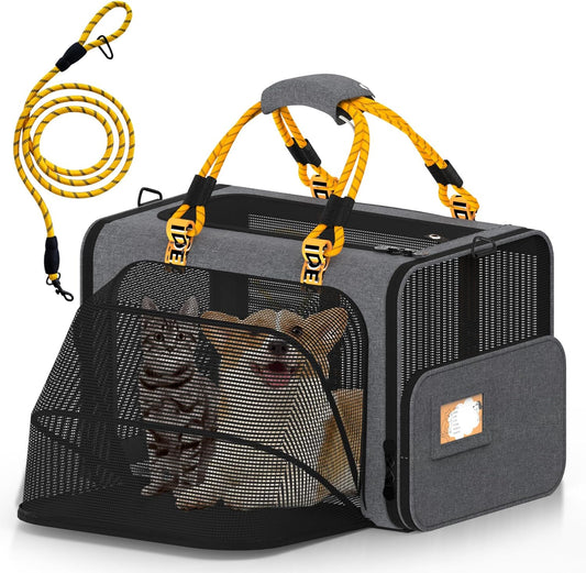 PAWZIDEA Expandable Large Pet Carrier, 24"X16"X16" Top Load Cat Carrier Bag for 2 Cats, Collapsible Dog Travel Crate for Small Medium Dog up 55lbs, Soft-Sided Car Seat Cage, XL Storage Pocket, ID Tag