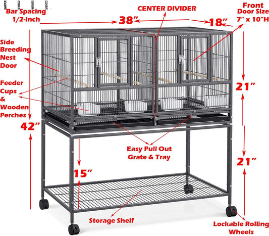 1/2/3-Combo Stacker Center Divided Breeder Breeding Bird Flight Double Rolling Cage for Aviaries Canaries Cockatiels Lovebirds Finches Budgies Small Parrots (Black Vein, One Stacker)