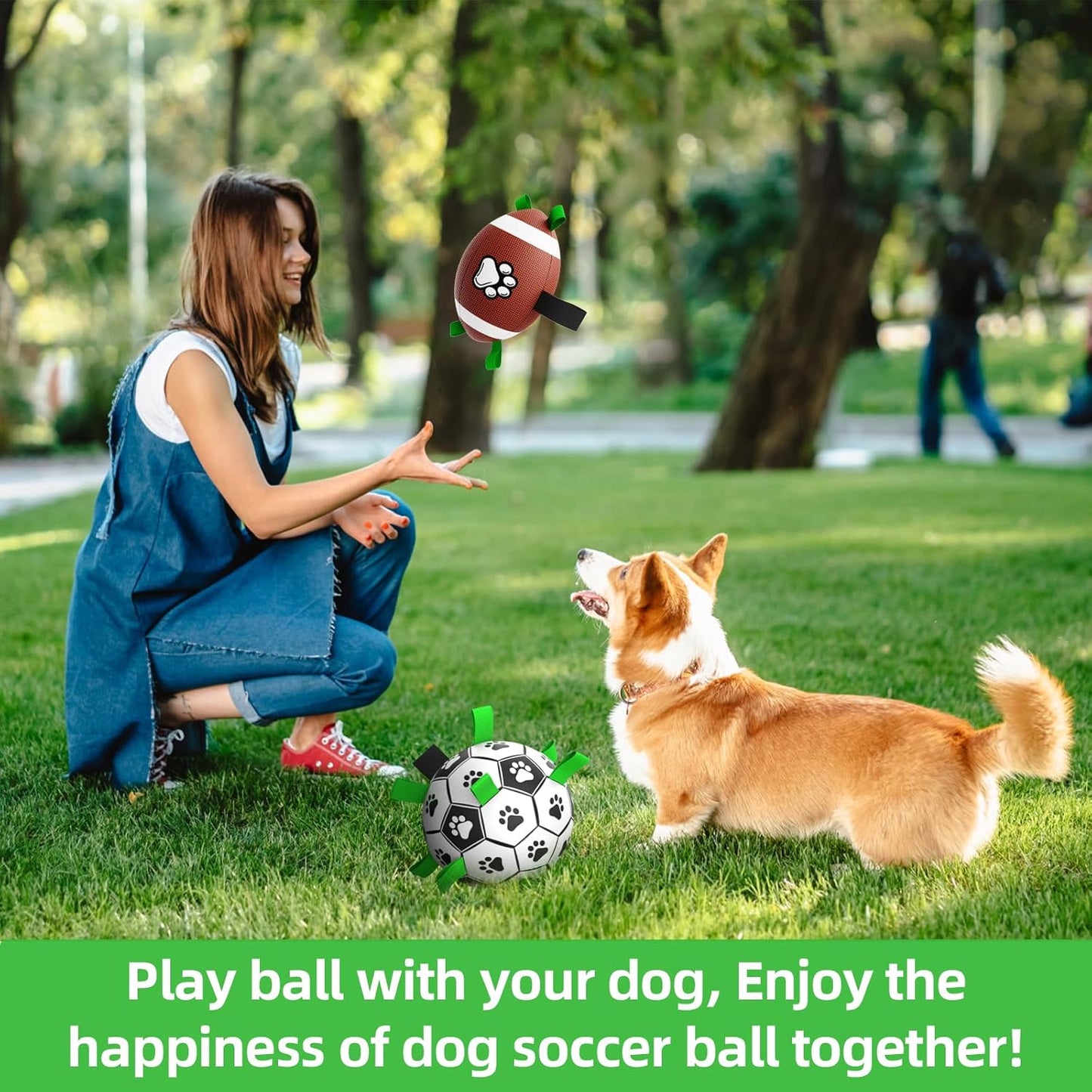QDAN Dog Soccer Ball Football Set - 2 PCS Dog Balls with Strap for Tug of War, Soccer Ball Football Toys for Small Medium Large Dogs, Herding Ball for Dogs, Dog Birthday Toy