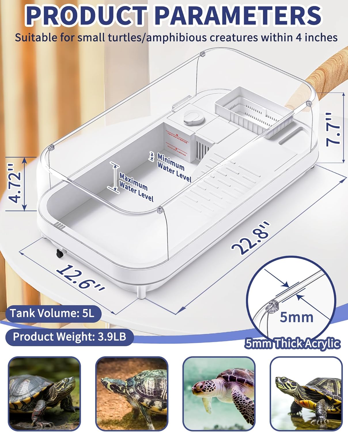Large Turtle Tank with Water Pump, Acrylic Turtle Tank Starter Kit with Heightened and Curved Fences, Multi-Function Areas, Bottom Drainage