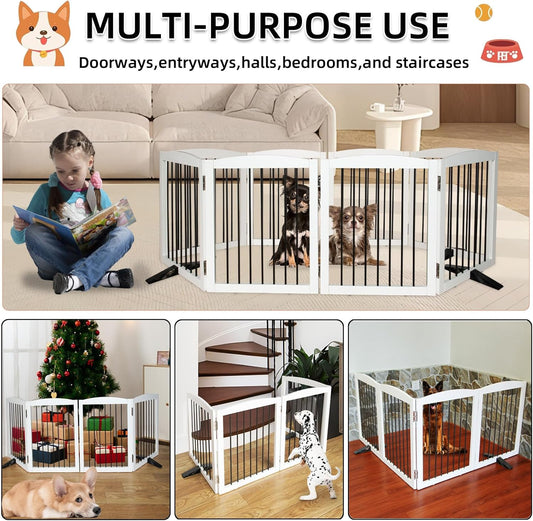 ZJSF Freestanding Panel Dog Gate for Indoor, Doorways,Stairs, or Hallways,Foldable Wooden White Dog Gates for House,Pet Gate for Dogs,Dog Fence, Puppy Gate,Support Feet Included,32 "Height-3 Panels