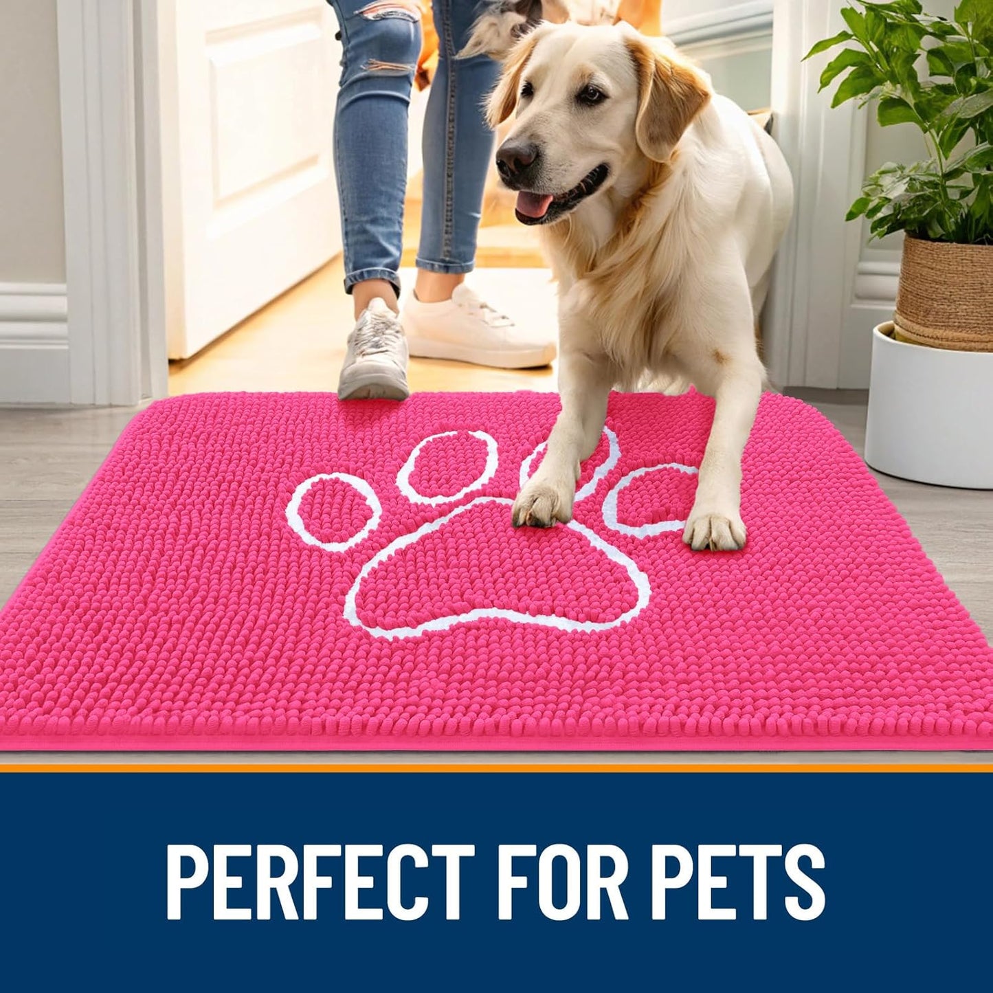 OLANLY Door Mat for Muddy Dog Paws 36x24, Ultra Absorbent Chenille Mud Doormat with Paw Print Design, Non-Slip Washable Doormat for Indoor Entryway, Quick-Dry Pet Bed Mats for Dirty Dogs, Hot Pink
