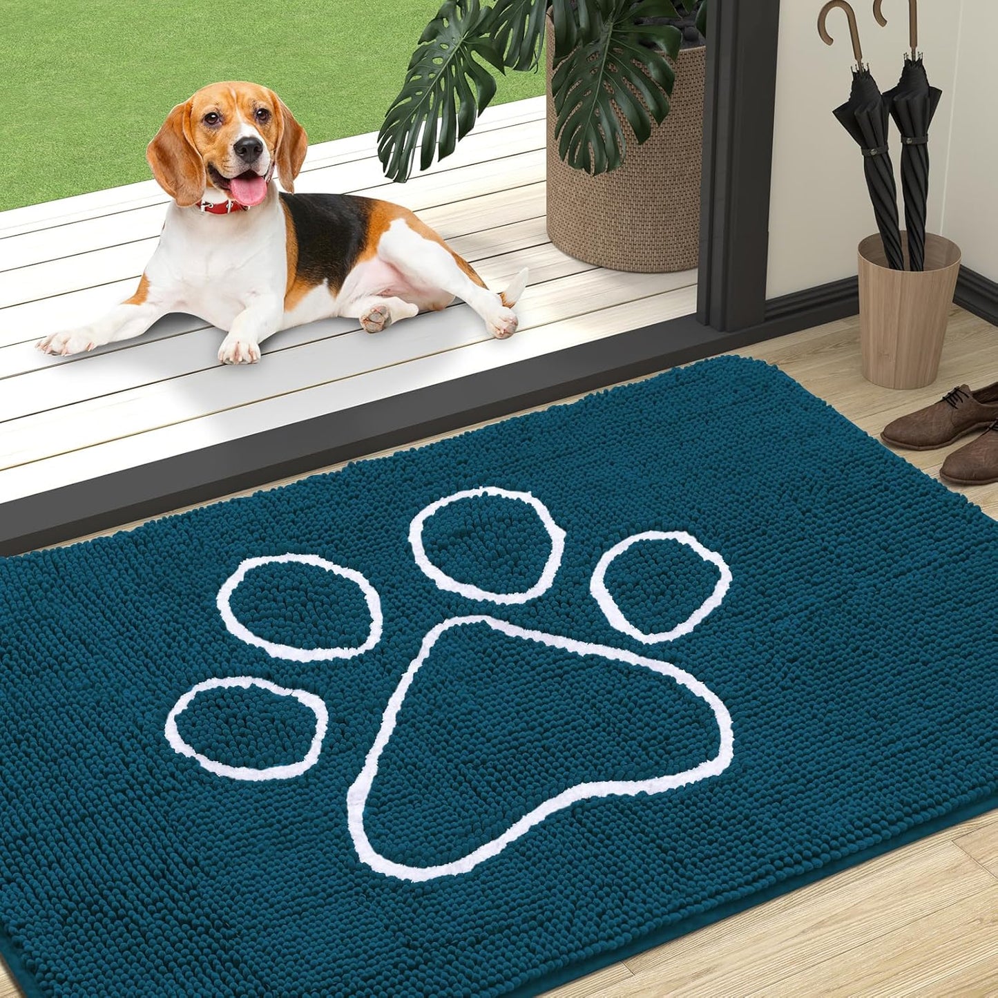 OLANLY Door Mat for Muddy Dog Paws 47x32, Absorbent Chenille Mud Doormat with Paw Print Design, Non-Slip Washable Doormat for Indoor Entryway, Quick-Dry Pet Bed Mats for Dirty Dogs, Atlantic Blue