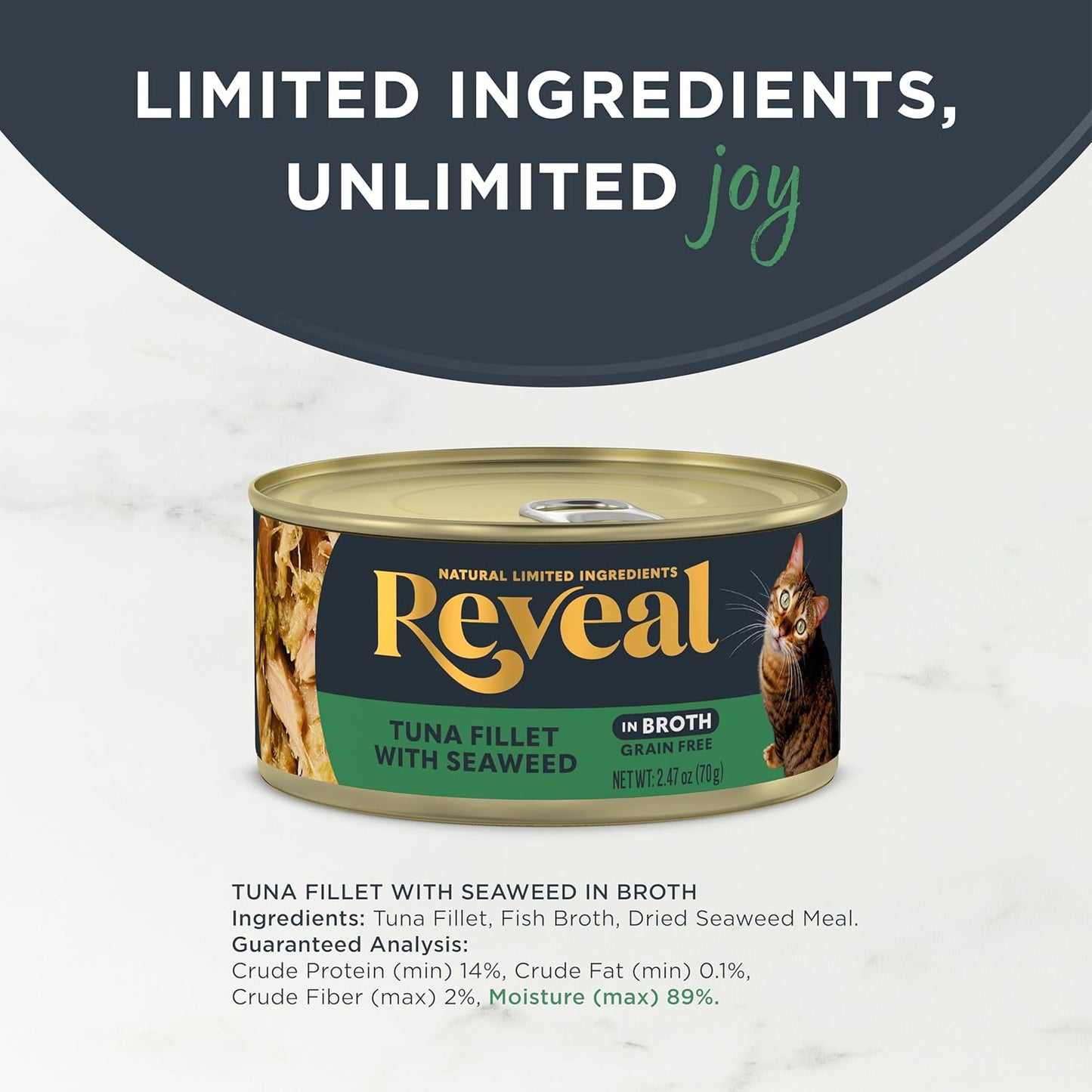 Reveal Natural Wet Cat Food, 24 Count, Grain Free, Limited Ingredient Canned Food for Cats, Tuna with Seaweed in Broth, 2.47 oz Cans