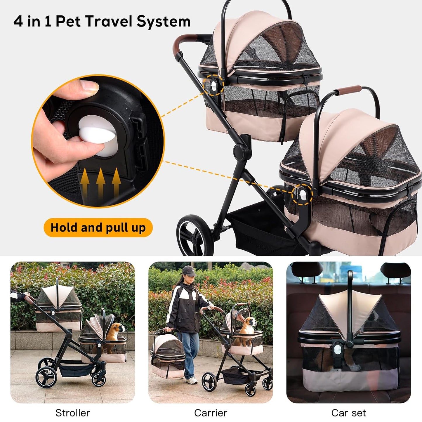 Foldable Double Pet Stroller for 2 Small Medium Cats Dogs, Lightweight Single and Double Integrated Pet Stroller with Detachable Carriers