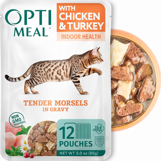 Optimeal Grain-Free Wet Cat Food – Chicken & Turkey Recipe, High Protein & Moisture Rich Indoor Adult Cats Food, Tender Morsels in Savory Gravy Natural Ingredients - 3 oz Pouches, 12 Pack