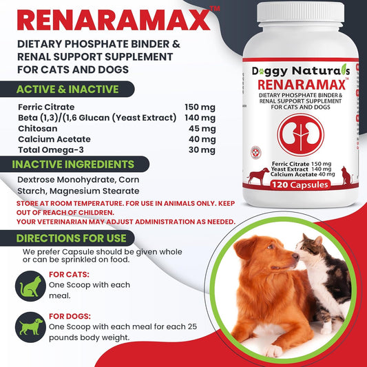 RENARAMAX Dietary Phosphate Binder and Renal Support Supplement for Cats and Dogs Count (Made in U.S.A) (120 Caps)