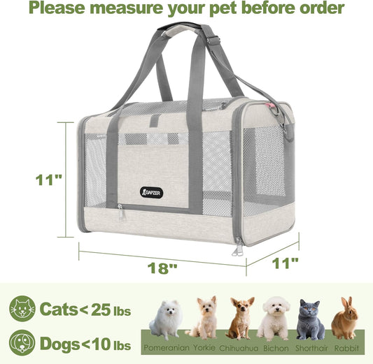 Cat Carrier American Airline Approved 18x11x11, Top Opening Sturdy Soft Pet Carrying Bag See Through, Mini Dog Hard Bottom Crate Kennel Case, 4-Side-Ventilation Mesh Cage Toy Poodle Biege