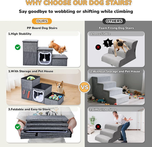 Bilibrara Dog Stairs for Small Dogs, Foldable Pet Steps for High Bed, Non-Slip 3-Step Cat Stairs with Storage, Condo and Fluffy Ball, Small Dog Indoor Ramp for Couch Window, 16'' H