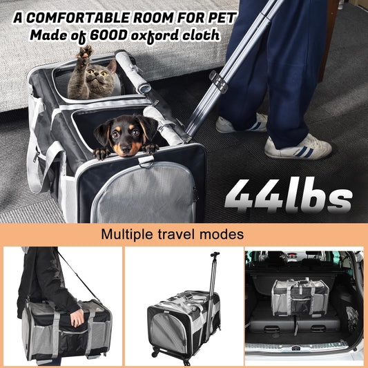 Cat Carrier for 2 Cats, Large Dog Cat Carrier with Wheels for Under 44lbs, Rolling Pet Carrier with Removable Pole Platform and Upgraded Wheels Dog Cat Travel Carrier for Hiking Camping, Black
