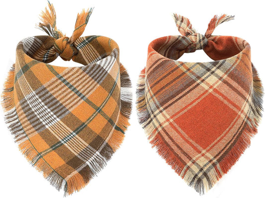 Vivifying Halloween Dog Bandana, 2 Pack Classic Plaid Fall Dog Scarf with Tassels Edges, Funny Pet Apparel & Accessories Costume for Thanksgiving Photo Prop, and Party Decor (Small, Yellow&Orange)