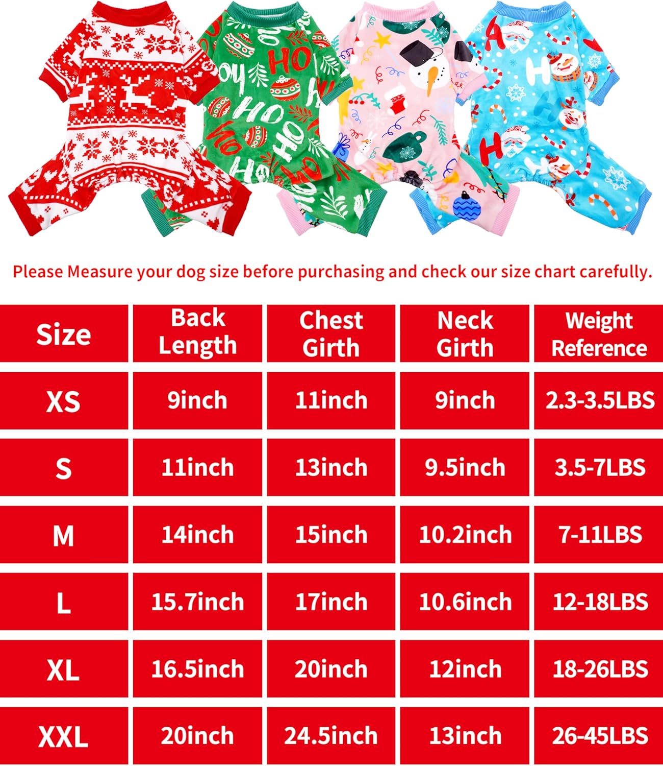 PET SHOW 4 Pack Small Dog Christmas Pajamas Holiday Dog Clothes for Medium Dogs Girl Boy Soft Stretchy PJs Xmas Jumpsuit Puppy Cats Onesies Red Green Outfits with Sleeve Pets Dachshund Costume L