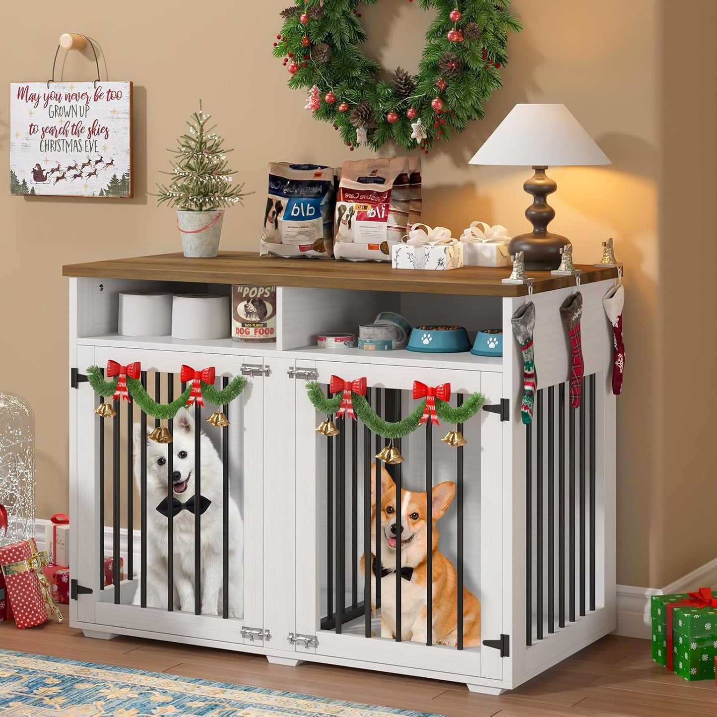 Furniture Dog Crate for 2 Dogs, 41 Inch Dog Kennel Furniture with Removable Divider and Shelf Storage, Wooden Dog Crate for Small/Medium Dogs, White
