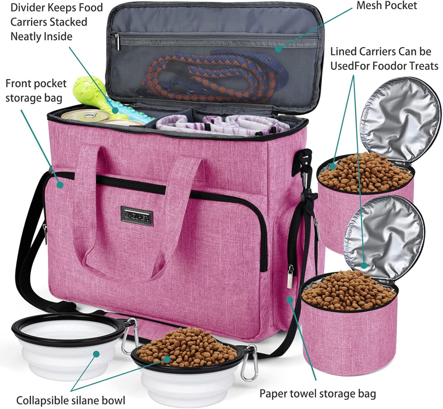 BAGLHER Dog Travel Bag, Pet Travel Bag (ALL Pet Travel Supplies), With 2 Pet Food Containers and 2 Collapsible Silicone Bowls; Essential Kits for Pet Travel Pink
