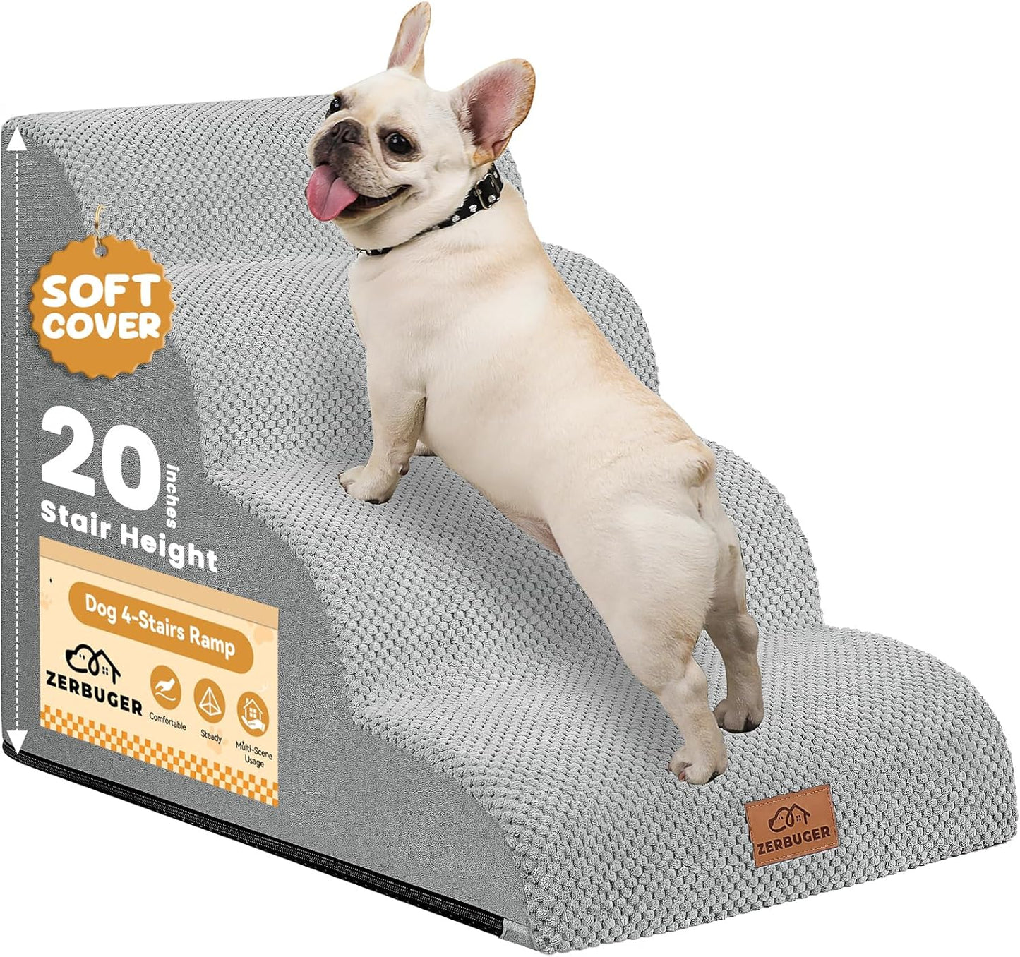 Dog Ramp and Stair for Bed 16" H-20 H,3-Step Cat Stair for Sofa and Chair,4-Step Dog Ramp for High Bed and Window,Durable Nonslip Fabric Cover for Indoor (Light Grey-20 H, Pet Friendly, 4)